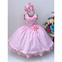 Imagem de Vestido infantil rosa com nervura peito pérolas broche flor