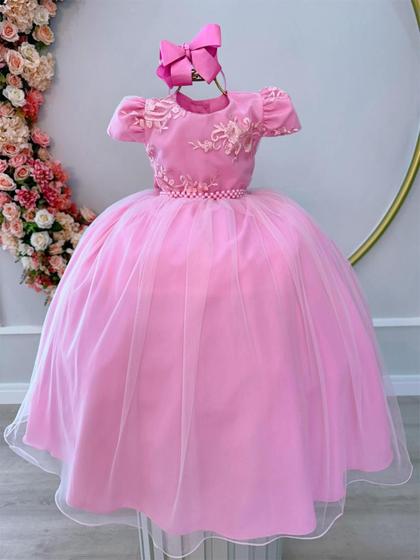 Imagem de Vestido Infantil Rosa Damas Luxo C/ Renda e Cinto de Pérolas RO1040RC