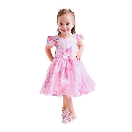 Imagem de Vestido Infantil Rosa Floral com Tule Brilhante