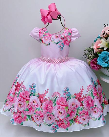 Imagem de Vestido Infantil Rosa Floral Perfeito Delicado Para Princesa Festa Casamento Daminha Formatura