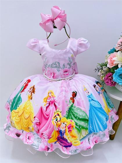 Imagem de Vestido Infantil Rosa Pérolas Princesas Floral Castelo Luxo