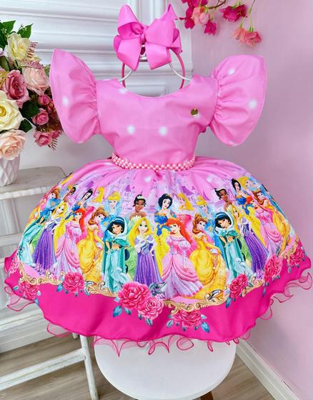 Imagem de Vestido Infantil Rosa Princesas Disney Festas C/ Pérolas