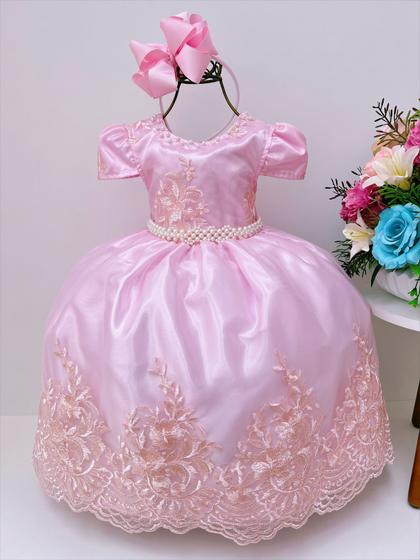 Imagem de Vestido infantil rosa rendado casamento damas luxo pérolas