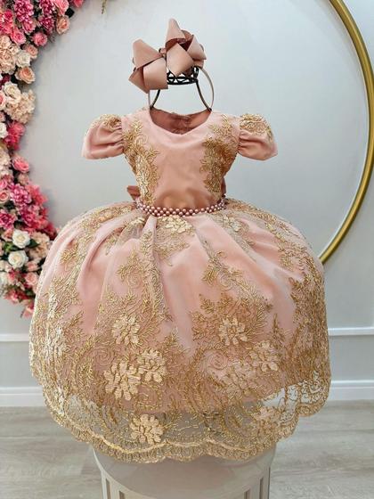 Imagem de Vestido Infantil Rose C/ Renda Dourada Realeza Cinto Pérolas Super luxo festa  RO1100RE