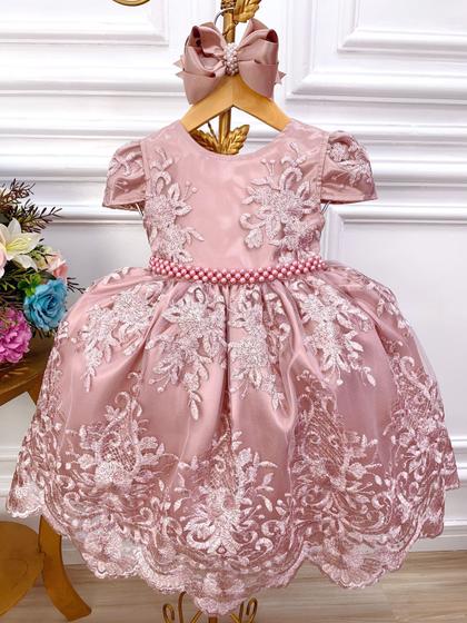 Imagem de Vestido Infantil Rose Com Renda Realeza e Cinto de Pérolas