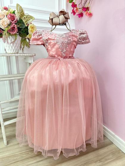 Imagem de Vestido Infantil Rose Realeza C/ Renda e Pérolas Damas Luxo Festa 2209RE