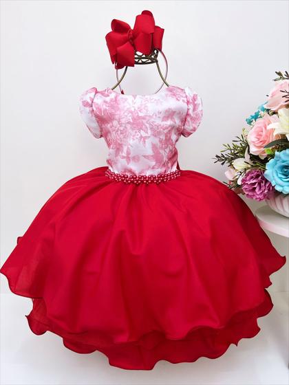 Imagem de Vestido infantil saia vermelho peito floral cinto pérolas