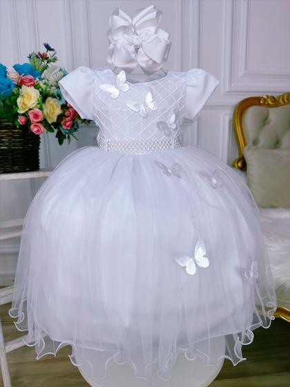 Imagem de Vestido Infantil Super Luxo  Branco Peito Nervura Aplique Borboletas 3574BR