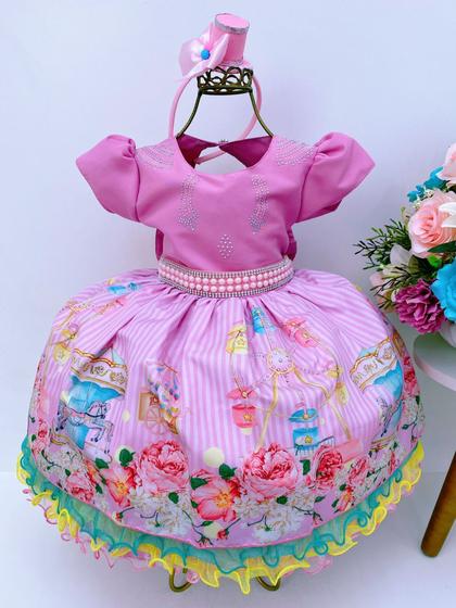 Imagem de Vestido Infantil Super Luxo Circo Rosa Flores Strass e Pérolas Festa Temático