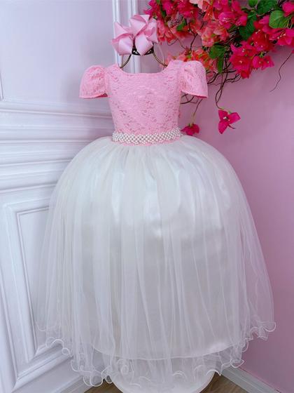 Imagem de Vestido Infantil Super Luxo Festa  Rosa C/ Renda e Saia Off White Damas Longo