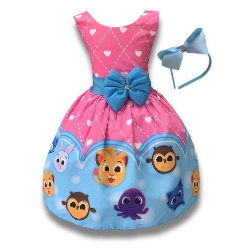 Imagem de Vestido Infantil Temático Bichinhos Fofos Azul Luxo Festa