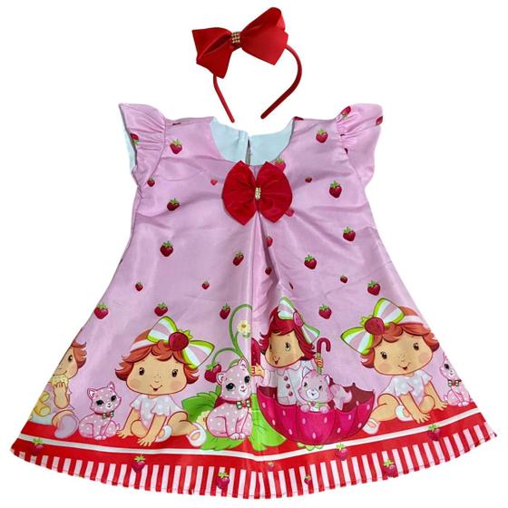Vestido Infantil Temático Moranguinho Trapézio Tiara Pequenos