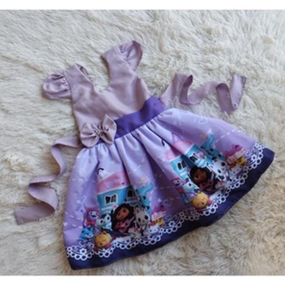 Imagem de Vestido Infantil Temático Simples a Casa da Gabby Lilas Laço roxo