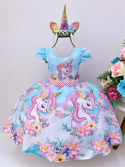 Imagem de Vestido infantil temático unicórnio cinto de pérolas luxo