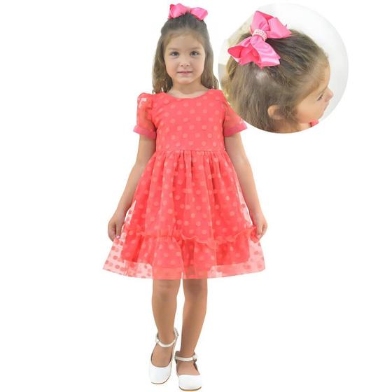 Imagem de Vestido Infantil Tule Poá Luxuoso + Laço Cabelo - Várias Cores