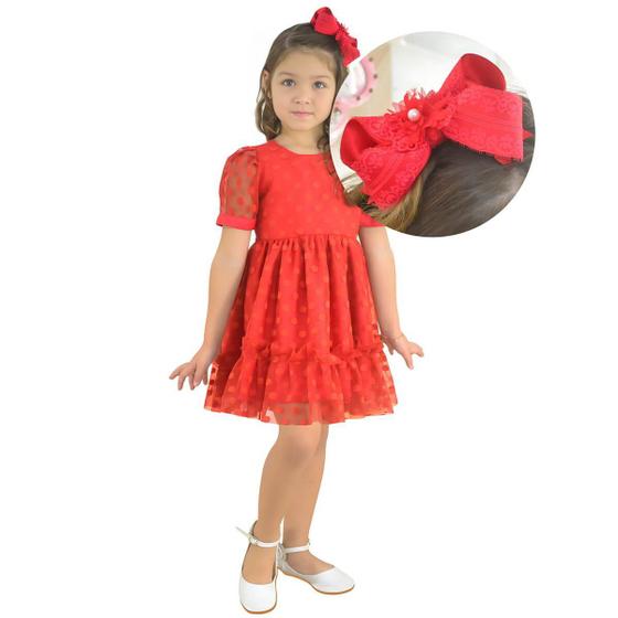 Imagem de Vestido Infantil Tule Poá Luxuoso + Laço Cabelo - Várias Cores