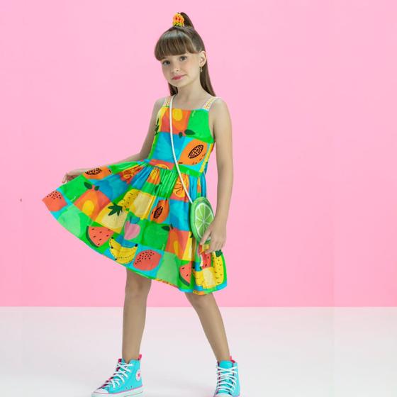 Imagem de Vestido Infantil Verão Viscose Com Bolsinha Frutinhas - Málagah