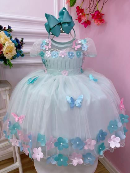 Imagem de Vestido Infantil Verde Busto Plissado Com Flores Borboleta