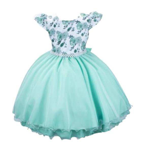 Imagem de Vestido infantil verde tifany com busto floral para festas e casamentos