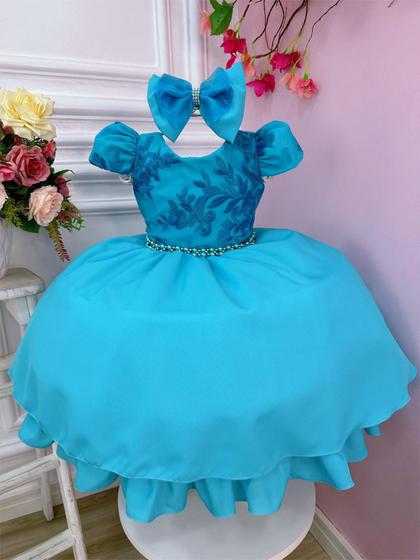 Imagem de Vestido Infantil Verde Tiffany C/ Renda Laço e Cinto Pérolas Luxo Festa 1053VG