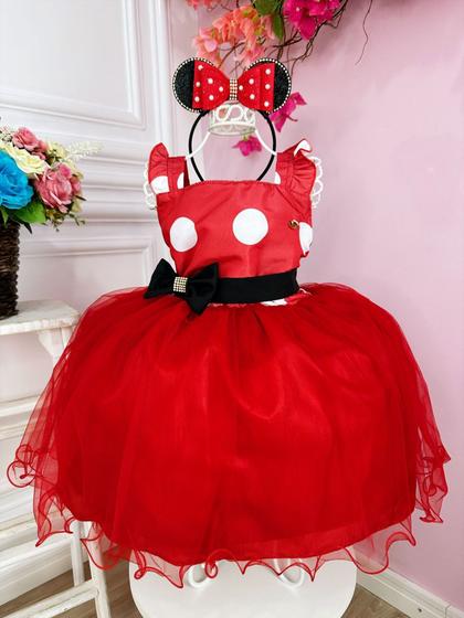 Imagem de Vestido Infantil Vermelho Bolinhas C/ Broche Strass Luxo Festa 3232VM