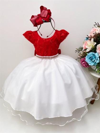 Imagem de Vestido Infantil Vermelho C/ Renda e Saia Off Cinto Pérolas