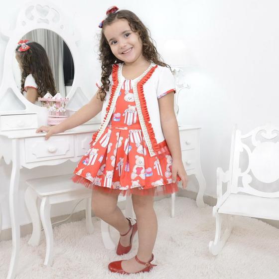 Imagem de Vestido infantil vermelho com bolero tema ursos e laço para cabelo