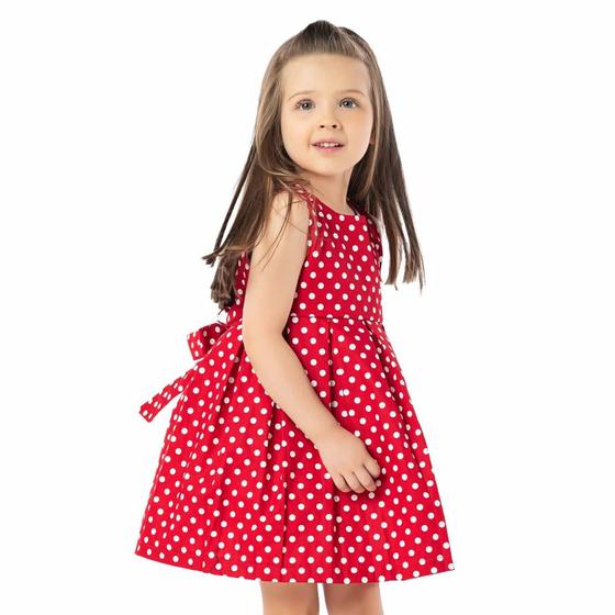 Imagem de Vestido Infantil Vermelho com Bolinhas Brancas com Forro e Pregas Vrasalon