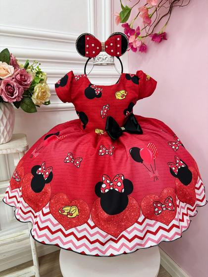 Imagem de Vestido Infantil Vermelho Festa da Minnie C/ Broche Luxo