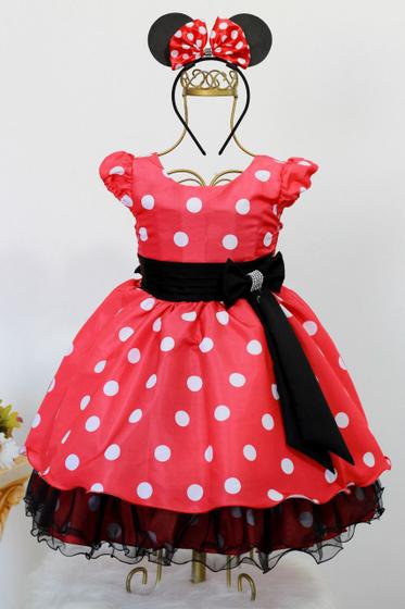 Imagem de Vestido Infantil Vermelho Festa Temática Minnie Poa E Tiara