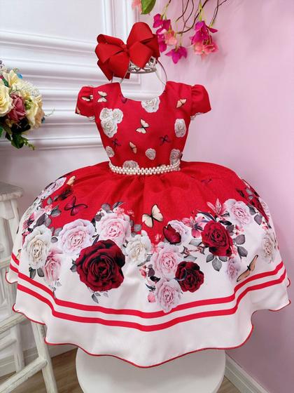 Imagem de Vestido Infantil Vermelho Jardim das Borboletas C/ Pérolas Super luxo festa RO1155VV