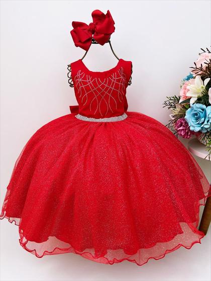 Imagem de Vestido Infantil Vermelho Peito Cinto C/ Strass Glitter Luxo Festa 3025VM