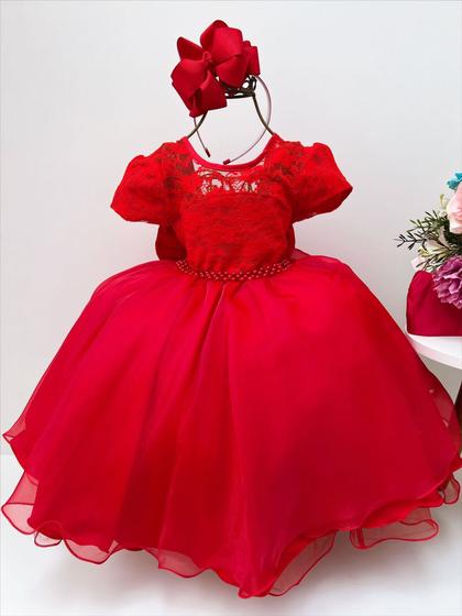 Imagem de Vestido Infantil Vermelho Tule Rendado Cinto Pérolas - tamanho 4