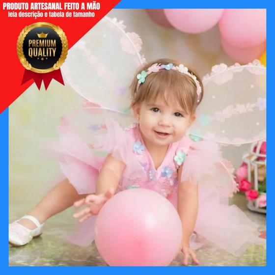 Vestido jardim encantado - Kit 4 peças Romper + Asa + Sapato + Faixa Menor preço em Vestido jardim encantado - Kit 4 peças Romper + Asa + Sapato + Faixa