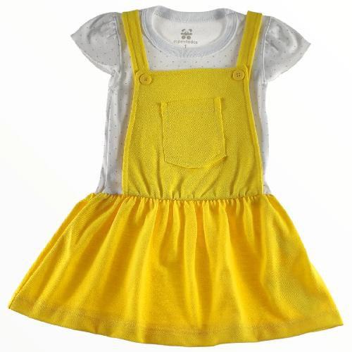Imagem de Vestido jardineira infantil branco estampado poá e amarelo ano novo