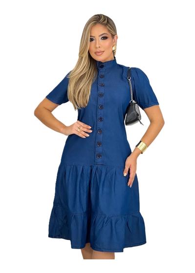 Imagem de Vestido Jeans Evase Midi Rodado Glamour - Manga Princesa