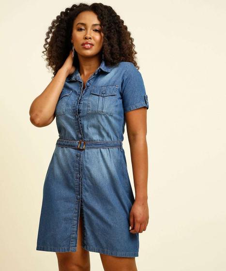 Vestido Jeans Feminino Chemise Manga 