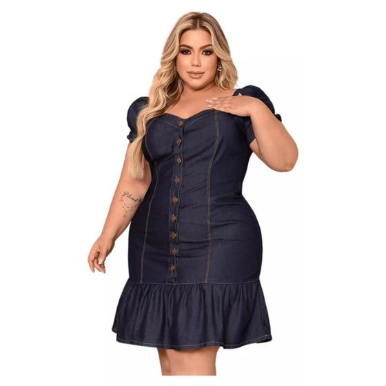 Imagem de Vestido Jeans Peplum Moda Maior Evangélica Sem Lycra Midi Plus Size Jovial Manga Presente Natal G3