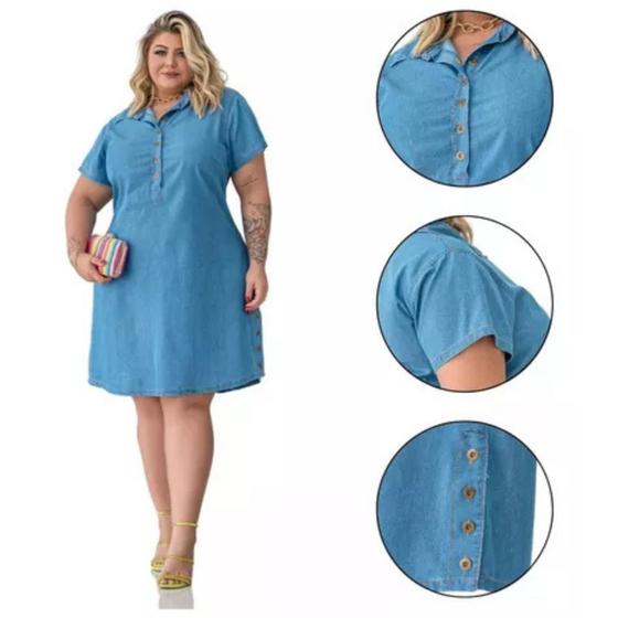 Imagem de Vestido Jeans S/Lycra Camisao Chamise Feminino Plus size Moda Premium Soltinho Verao Presente