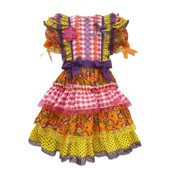 Imagem de Vestido Junino Bambolê Floral e Xadrez Com Calção e Tiara