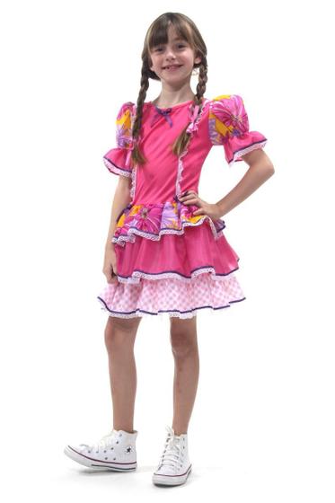 Imagem de Vestido Junino Caipira Infantil Babados Rosa Festa Quadrilha