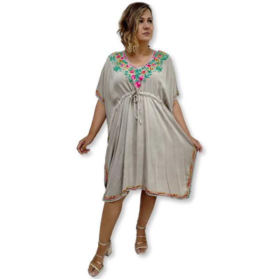 Imagem de Vestido Kaftan Curto liso com Bordados Indianos Florais