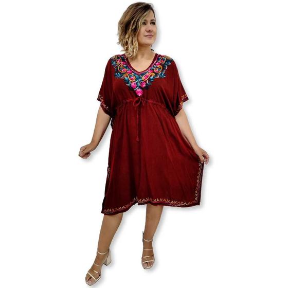 Imagem de Vestido Kaftan Curto liso com Bordados Indianos Florais