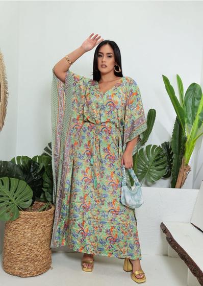 Imagem de Vestido Kaftan Longo Tipo Bata Seda Indiana Plus Size