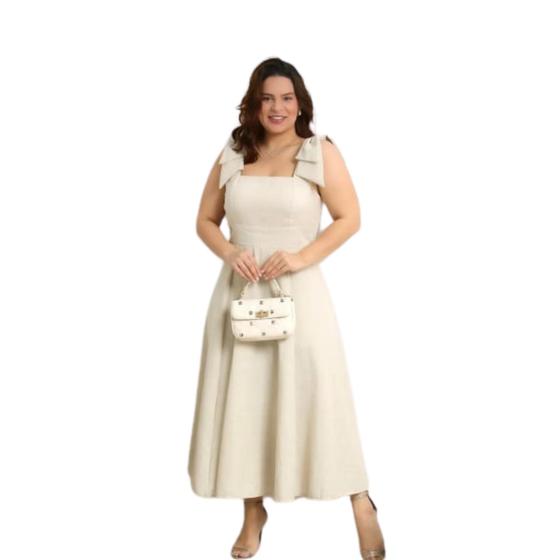 Imagem de Vestido Linho Midi Godê Plus Size Laço Ombro Rodado Longo