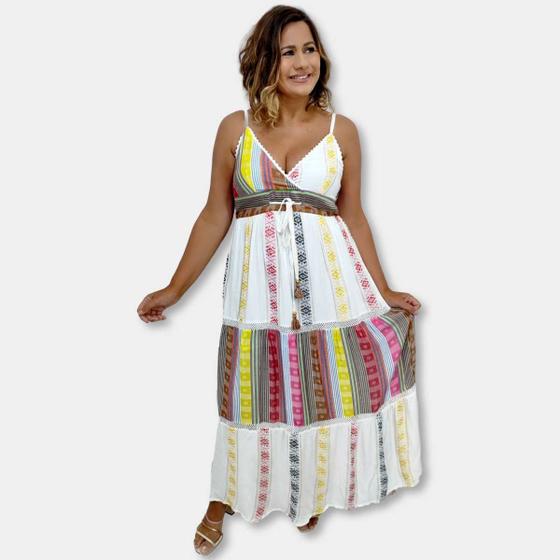 Imagem de Vestido Longo Alça Indiano Crepe Viscose Lurex Boho Decote V