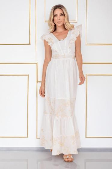 Imagem de Vestido Longo Bordado Ouro Com Babado Offwhite