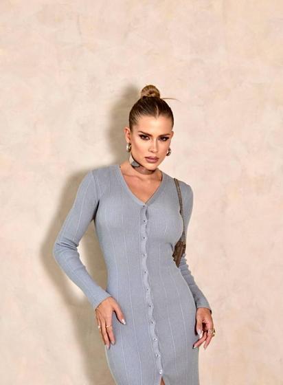 Imagem de Vestido Longo Botões Tricot Fenda Inverno Manga Longa