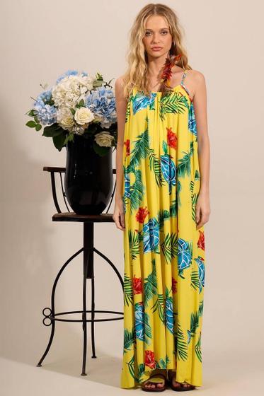 Imagem de Vestido Longo com Alças de Amarração Amarelo Estampado Yacamim C14