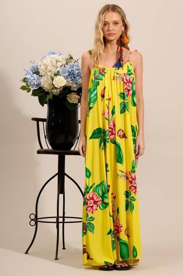 Imagem de Vestido Longo com Alças de Amarração Amarelo Estampado Yacamim D3